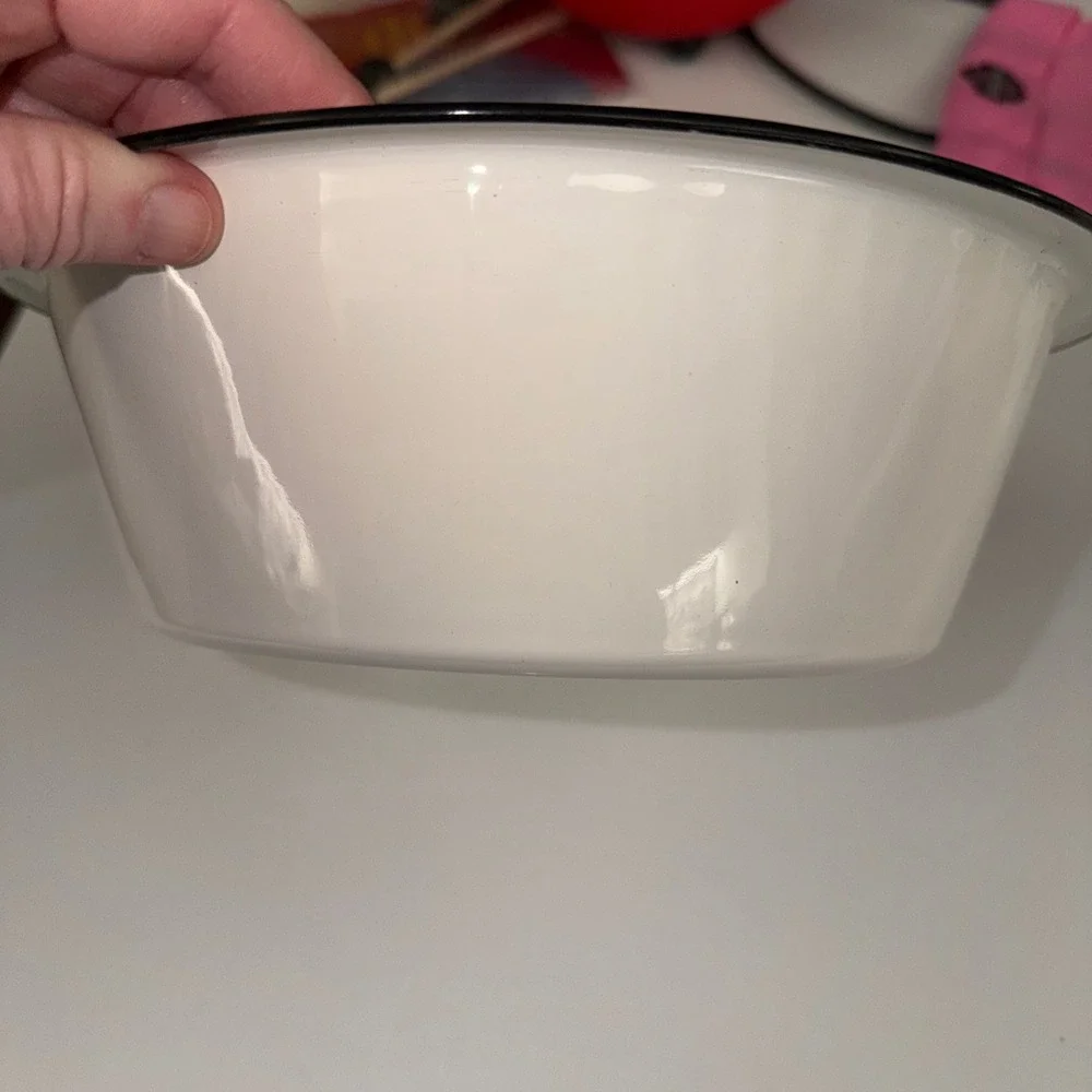 Vintage White Enamelware Mixing Bowl Black Rim Farmhouse Kitchen Decor 10 inch